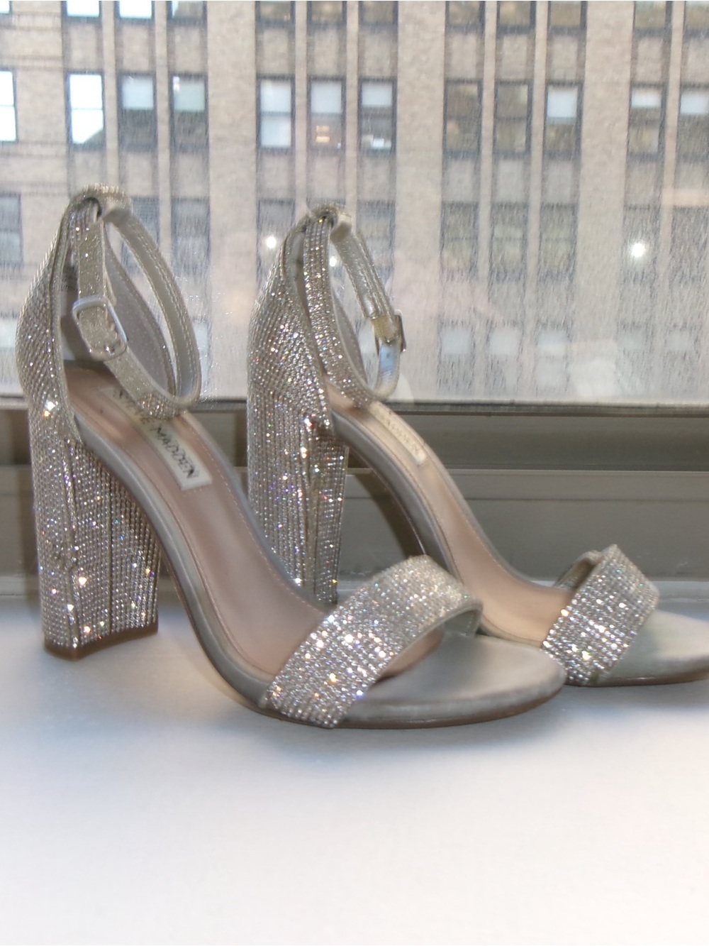Steve Madden Silver Rhinestone Block Heel Sandals - Picture 6 of 6